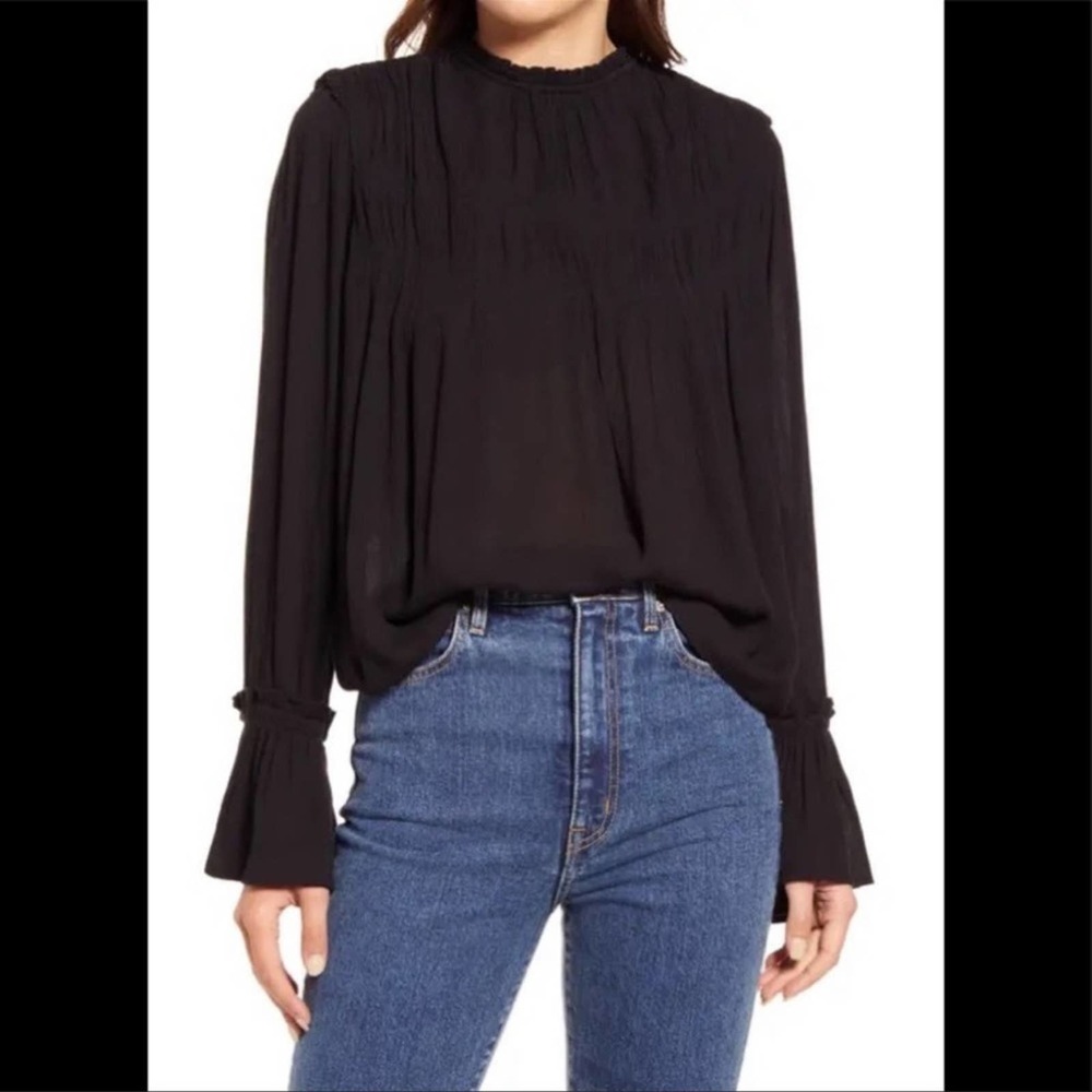 Free People Black Kelsey Gauzey Pleated Flare Sleeve Blouse S